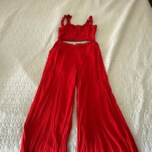 Sienna Sky Red Velvet Jumpsuit with Wide-Leg Design